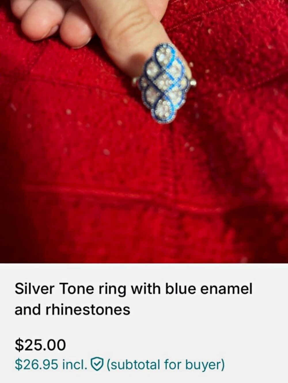 Silver-Tone Cocktail Ring Size 7, Blue Enamel, Clear Round Rhinestones